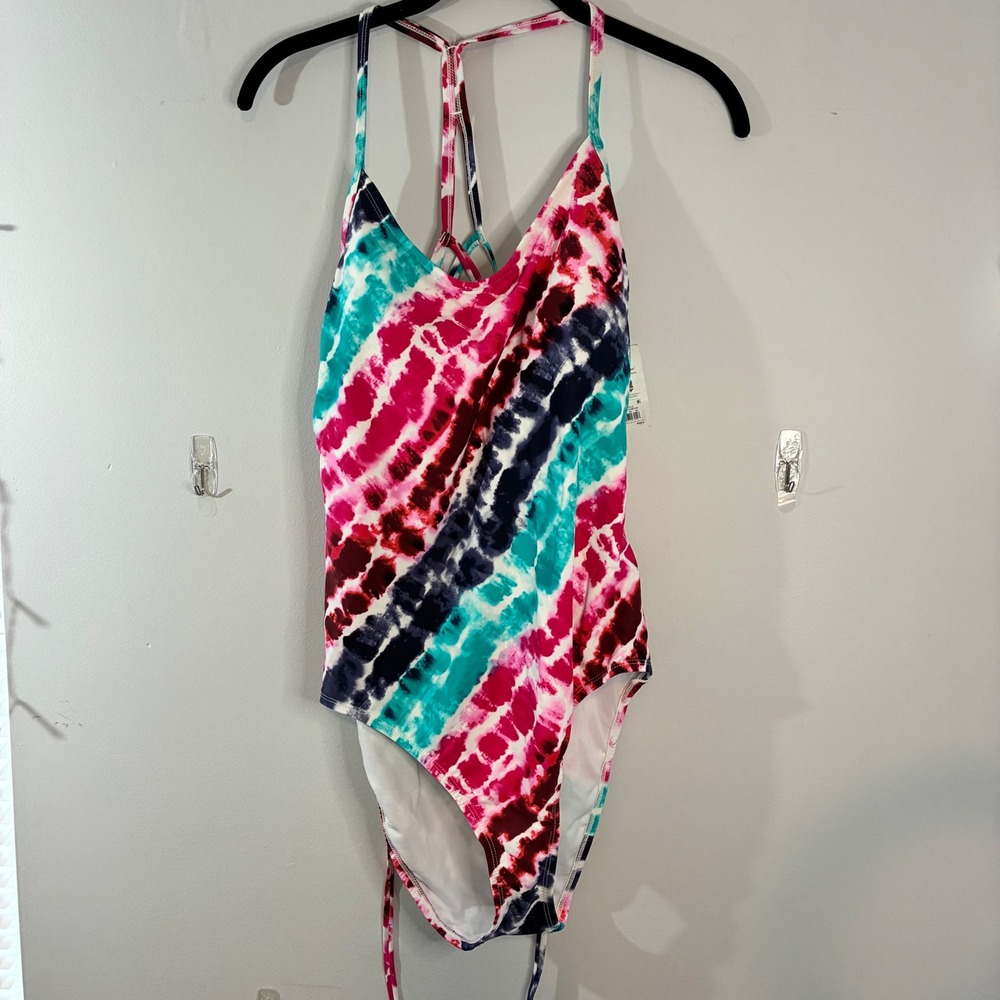 NWT-Eco Beach Tie Dye‎ One Piece Swimsuit Large Tie Dye Pink Criss Cross Back L
